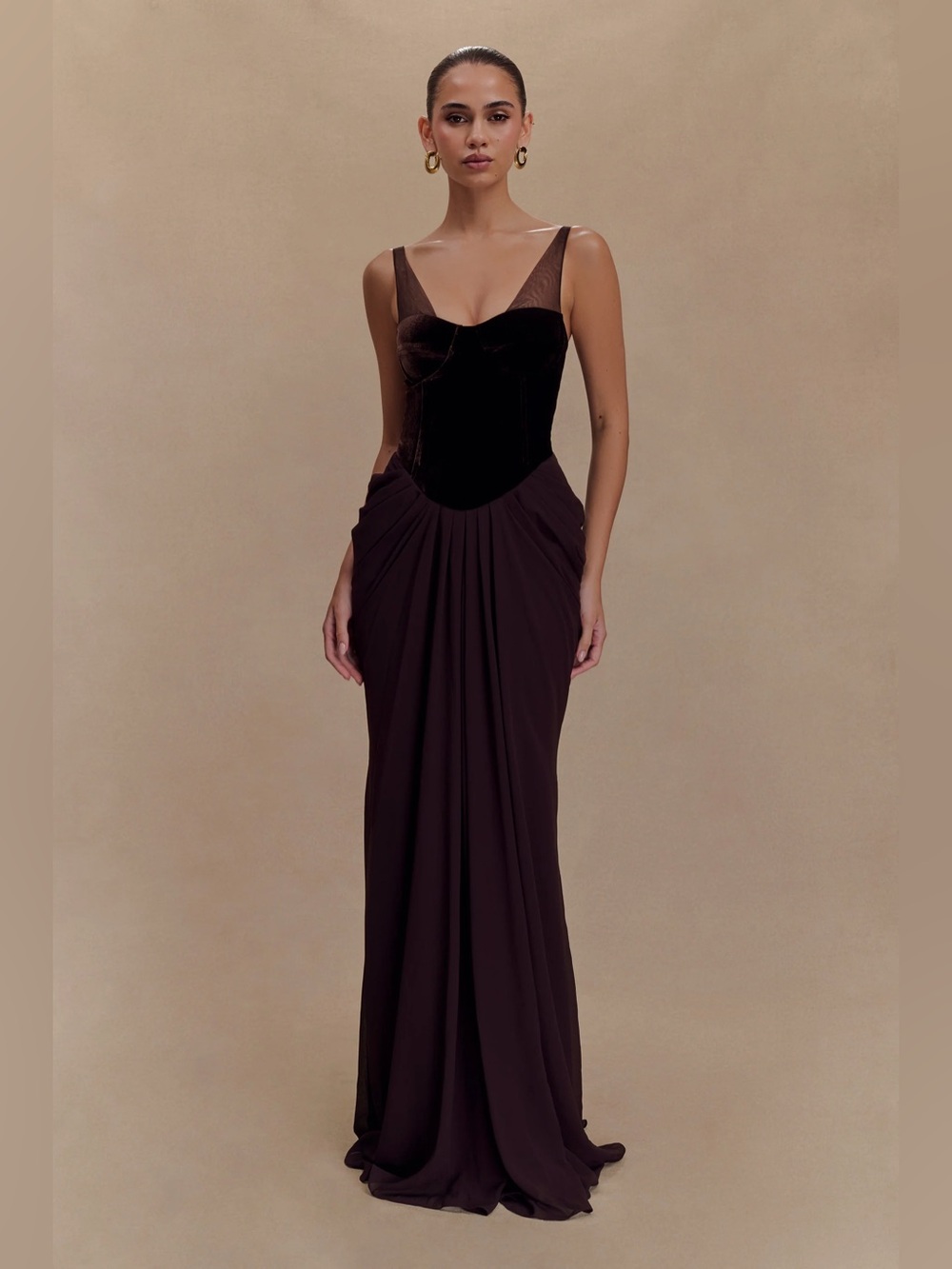 Meshki Roxanne Velvet Corset Maxi Dress Cacao Brown Size XS
